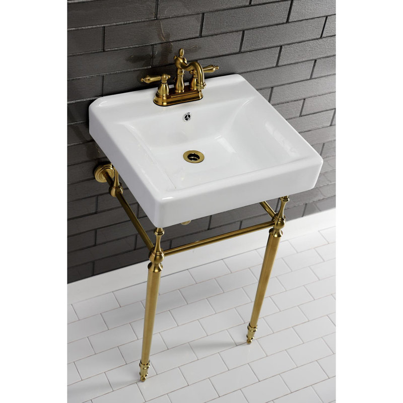 Kingston Brass Edwardian 20-Inch Porcelain Console Sink with Brass Legs (4-Inch, 3-Hole), White/Brushed Brass