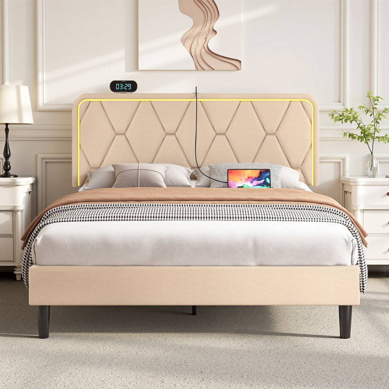 Calil Queen Size LED Bed Frame with Adjustable Button-Tufted Headboard, Upholstered Velvet Platform Bed Frame with Charging Station, Mattress Foundation, Wood Slat Support, No Box Spring Needed
