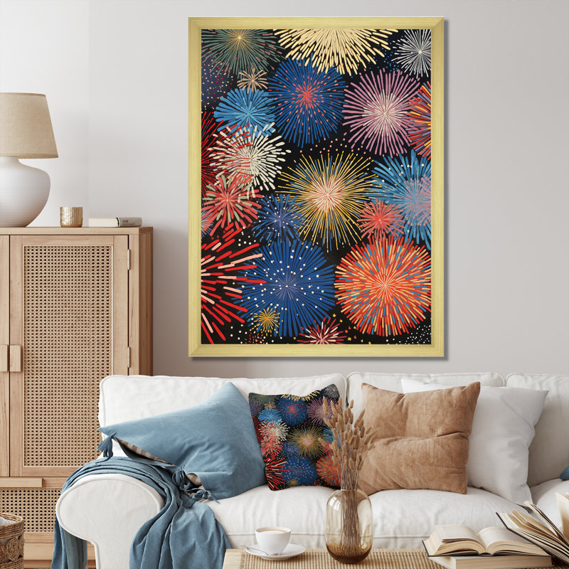 Spectacle de feux d'artifice colorés - reproduction sur toile, Cadre doré simple, H 20 po x l 12 po x P 1 po