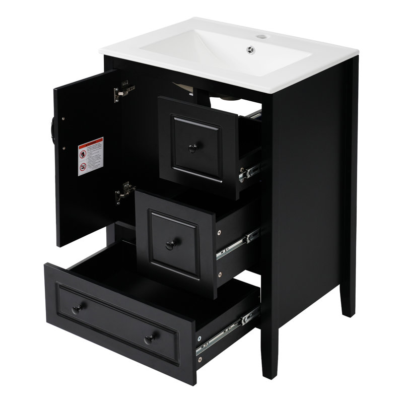 " Black Mdf & Ceramic Bathroom Vanity Vintage Freestanding With Soft-close Features