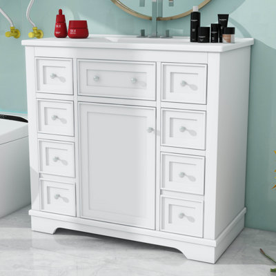 36" Bathroom Vanity Without Sink, Base Only,One Cabinets And Six Drawers,Wood Set Frame W/Adjustable Shelf