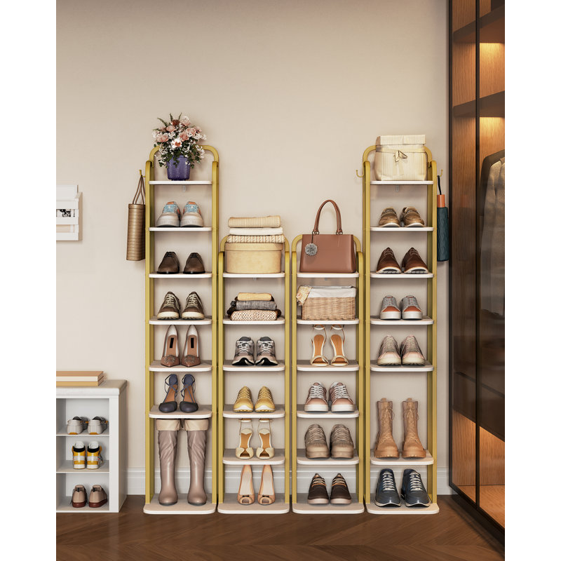 Vertical Shoe Rack, Shoe Shelves, Wood Shoe Organizer for Closet, Entryway, Shoe Tower for Small Spaces, Free Standing, Adjustable, with 2 Hooks, 6 Tier