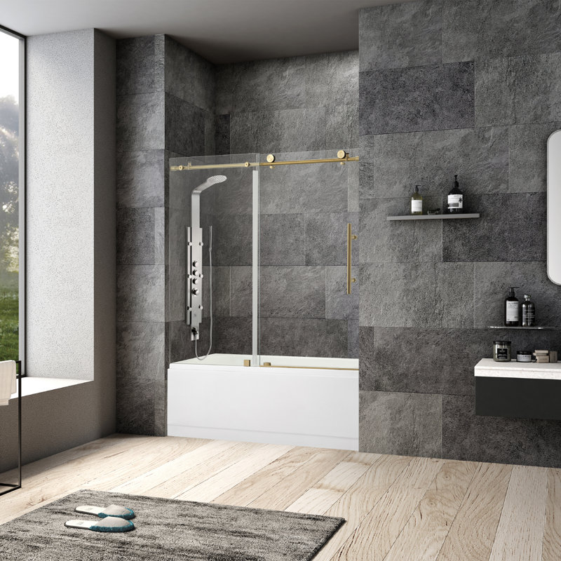 60'' - W x 58'' H Single Added Door Frameless Tub Door with, Brushed Gold
