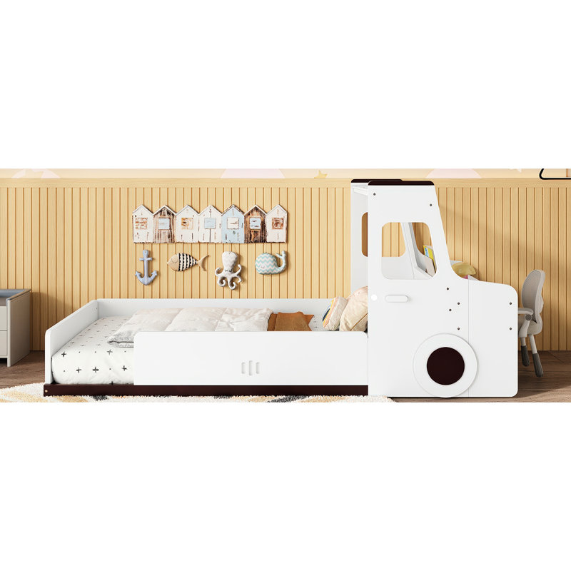 Lit voiture simple blanc - structure à profil bas avec plancher de rangement et d'étude dans une fenêtre enfantine, rangement, bureau