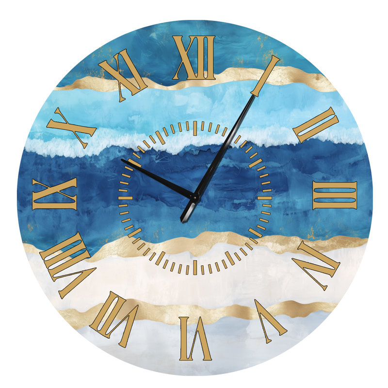 Horloge murale silencieuse en métal de style nautique, motif de vagues tropicales bleu et or, Surdimensionné
