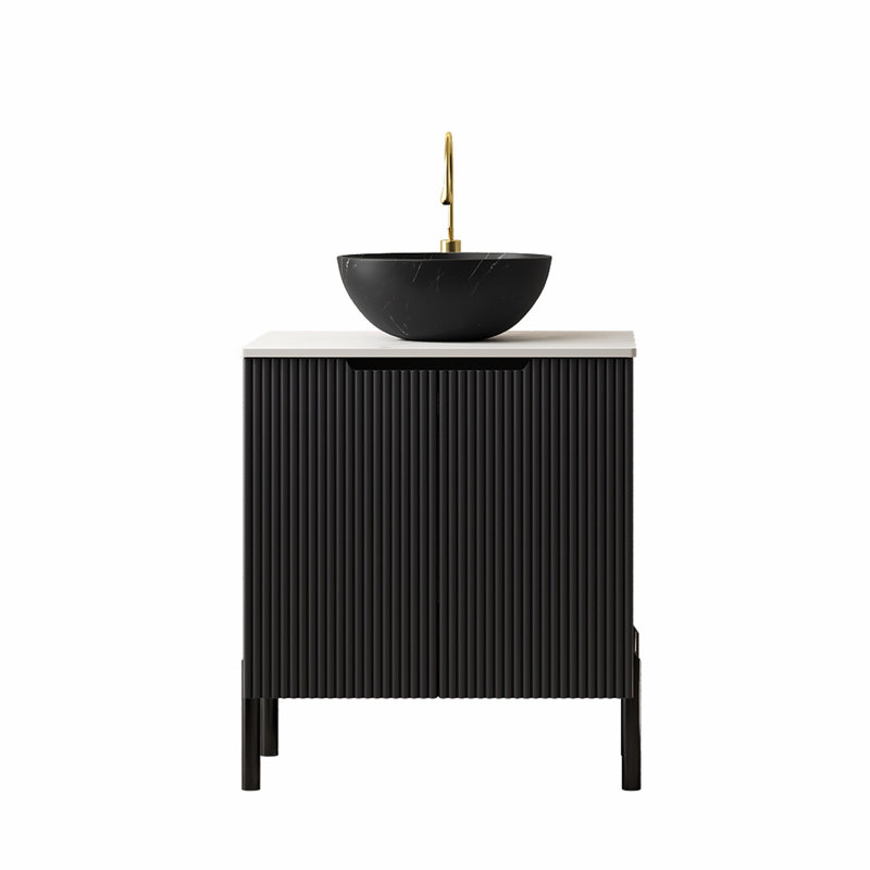 Meuble-lavabo double autoportant avec plateau en pierre frittée et vasques, 24.02