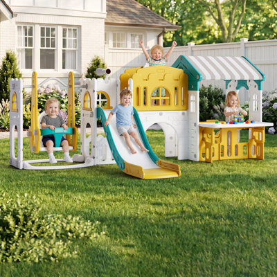 Ensemble de jeux pour enfants 9-en-1 avec glissoire, balançoire et tunnel pour la cour