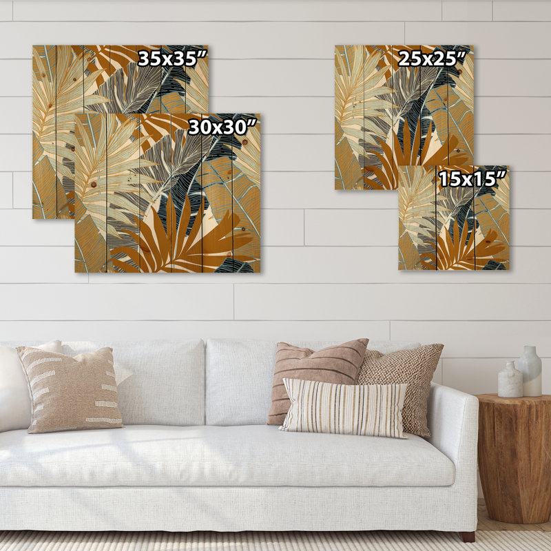Palmier abstrait tropical et feuilles de bananier - impression moderne sur bois de pin naturel, H 35 po x l 35 po x P 0,78 po