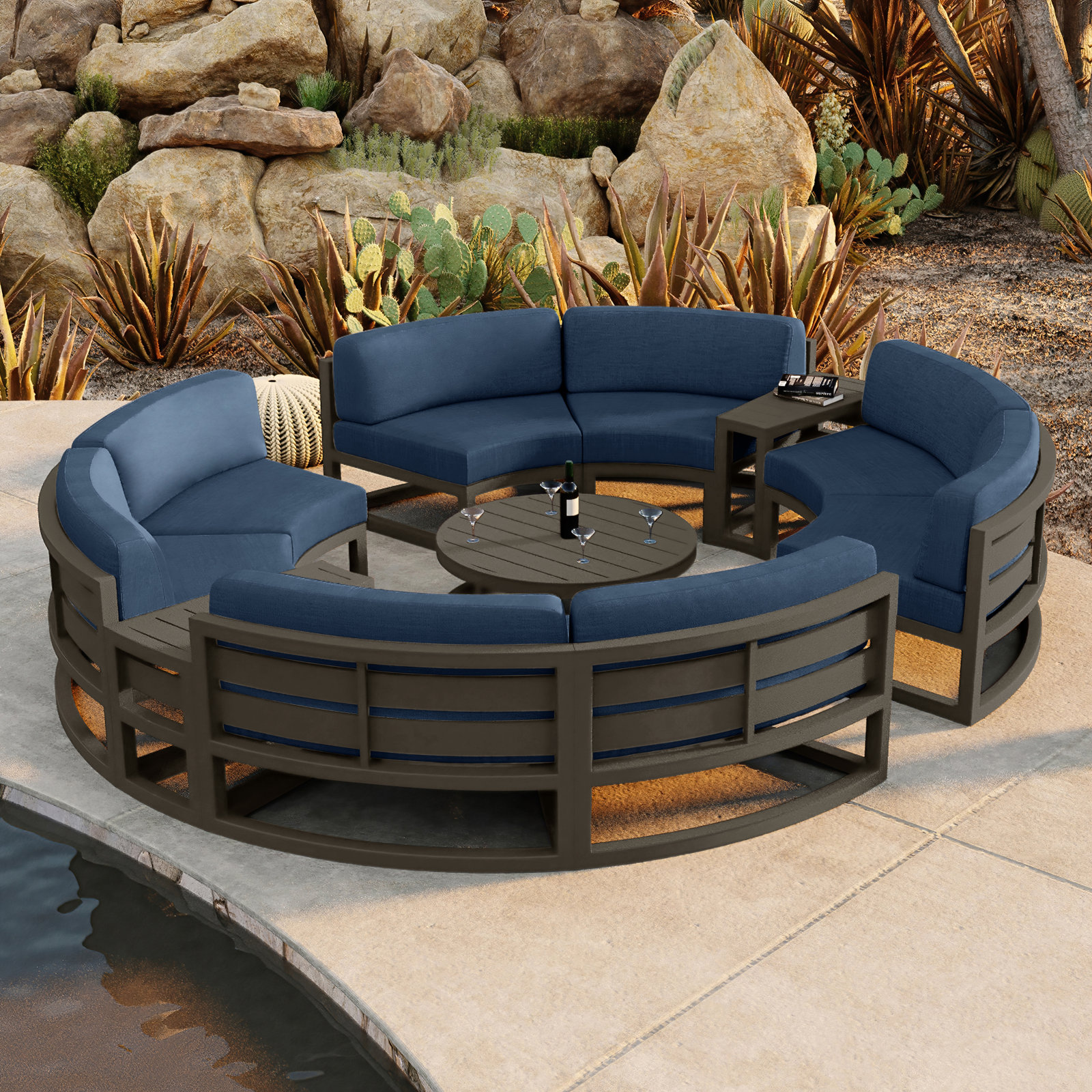 Bergeron 8 - Person Patio Conversation Set with Cushions, Spectrum Indigo Sunbrella®, Slate
