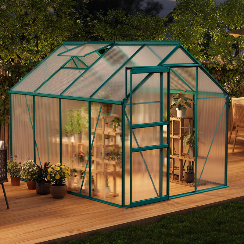 6x8 FT Walk-in Polycarbonate Greenhouse, Aluminum Frame, Sliding Door, Roof Vent, Outdoor Garden House, Black