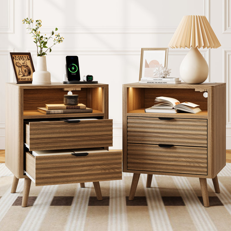 19.7" Nightstand With 2 Drawers & Open Shelf, Bedside Table With Led Lights & Outlets, Natural