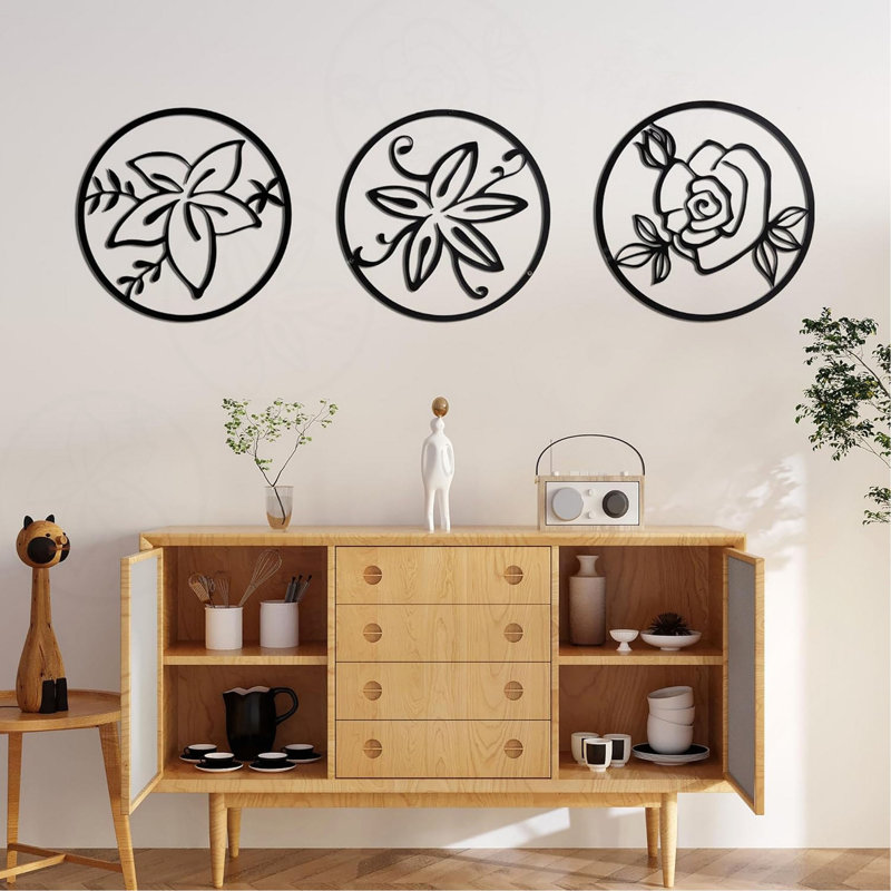 Ensemble de 3 décorations murales, motif floral abstrait, cadre rond en métal noir