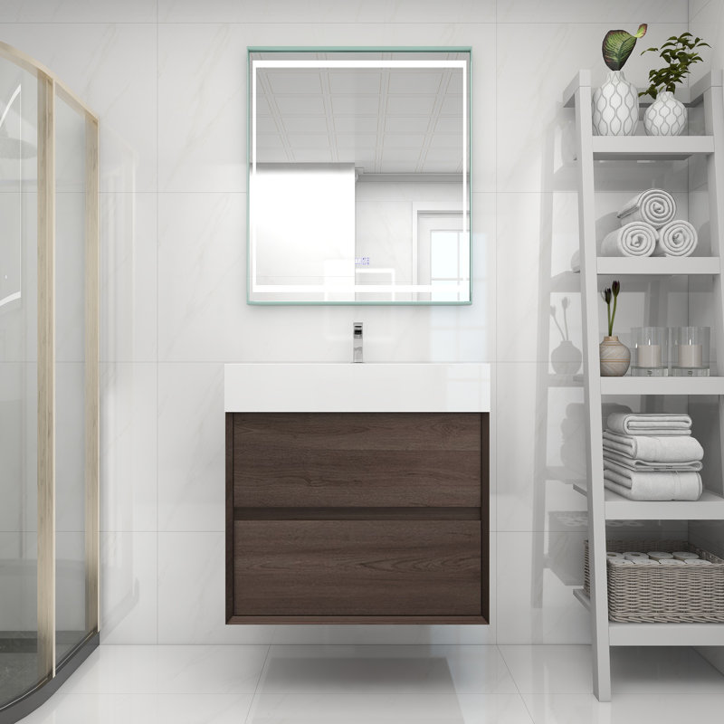 30" Wall Mounted Single Bathroom Vanity, Red Oak