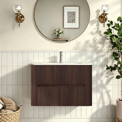 30" Dark Walnut Bathroom Vanity Medieval Large Storage Wall Mounted Floating Bathroom Cabinet for Modern Bathroom