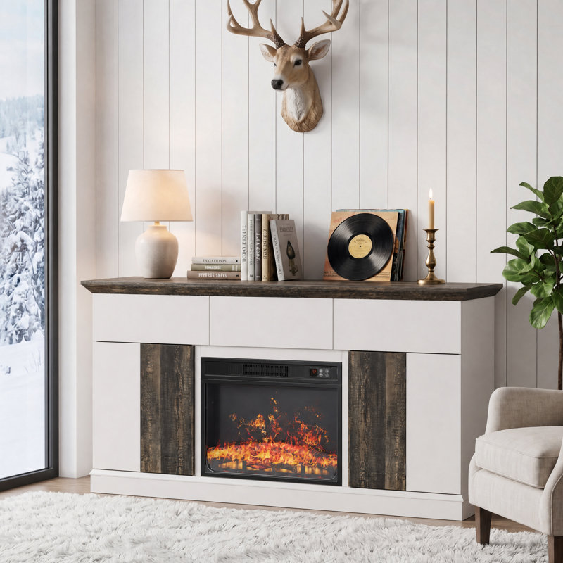 Meuble télé Farmhouse pour téléviseur de 58 po ou moins avec foyer électrique de 23 po inclus, console média en bois avec armoires et tiroirs de rangement