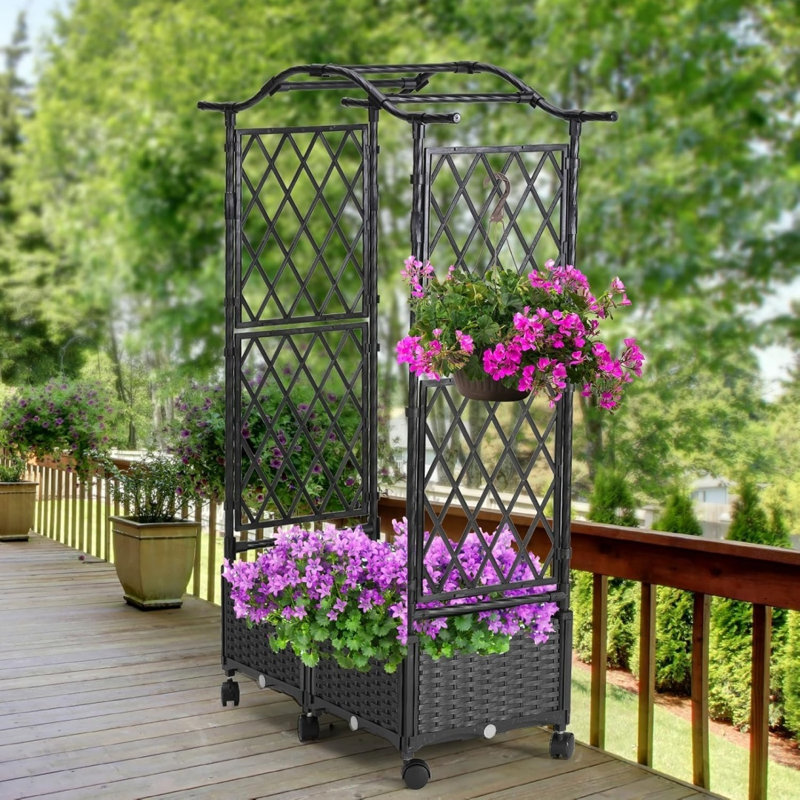 Garden Bed With Arch Trellis,Planter Box With Lockable Wheels,4 Drainage Holes,Hanging Roof Free-Standing Trellis For Backyard Patio Balcony,Black,31.5 X15.7 X57