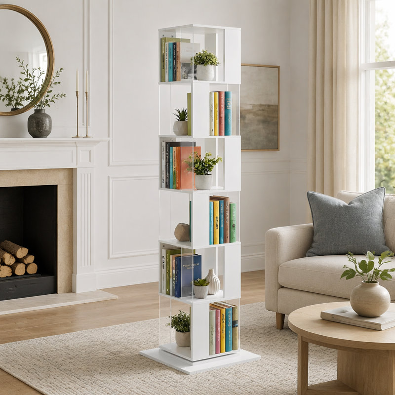 Bibliothèque rotative à 6 niveaux avec plaque en acrylique, support de plancher compact et élégant pour une utilisation multifonctionnelle dans les salons