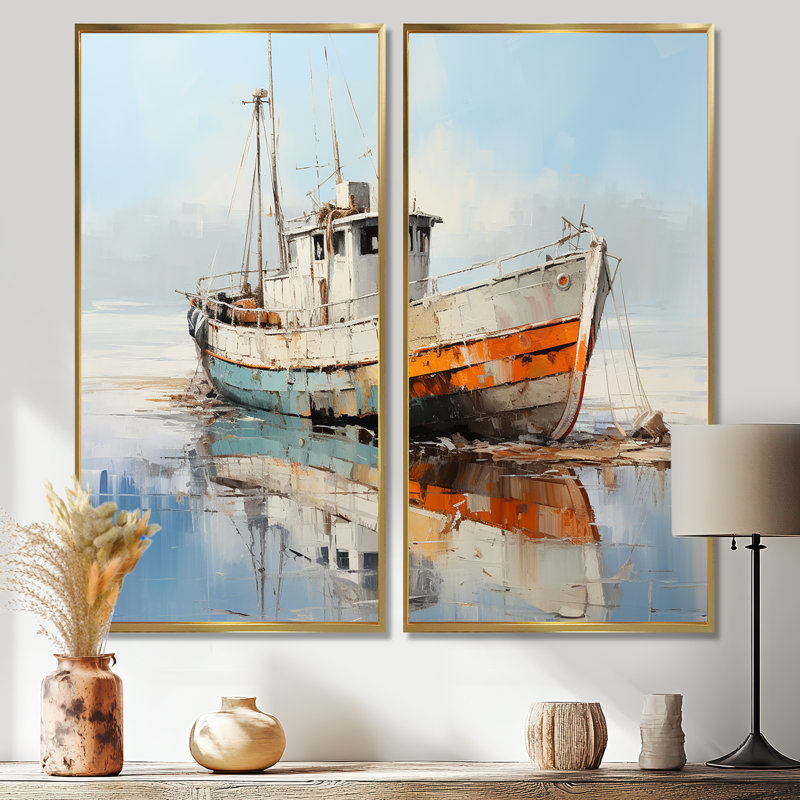 Bateau de pêche au port III - décor mural bord de mer, 32" H x 32" W, Impression encadrée flottante, Gold