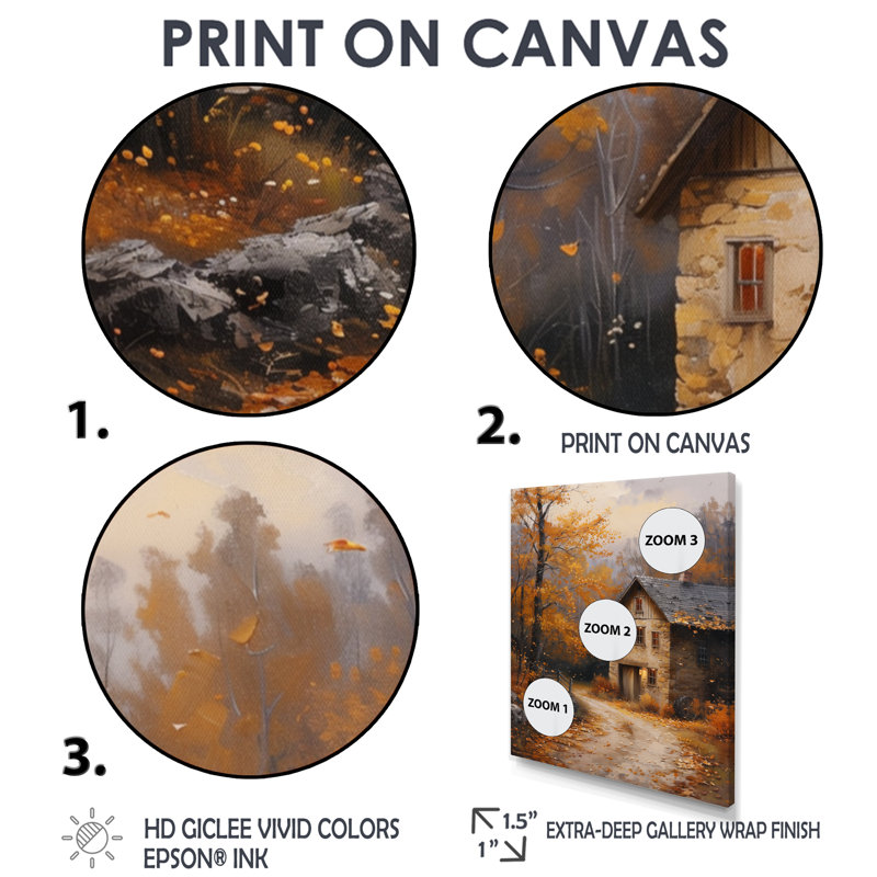 «Brown Yellow Autumn Rustic Retreat Barn» - reproduction d'art murale grange, Toile tendue, H 40 po x l 30 po