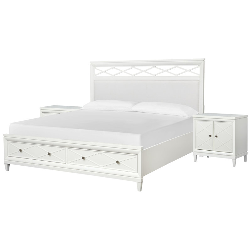Très grand lit californien avec rangement à panneaux et 2 portes, Ensemble de 3 pièces : lit, 2 tables de chevet