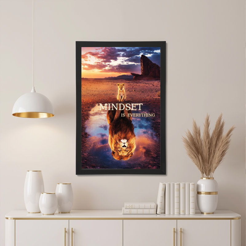 «Lion Reflection Sunset Mindset Is Everything», reproduction d'art sur toile tendue sur toile, H 18 po x l 12 po