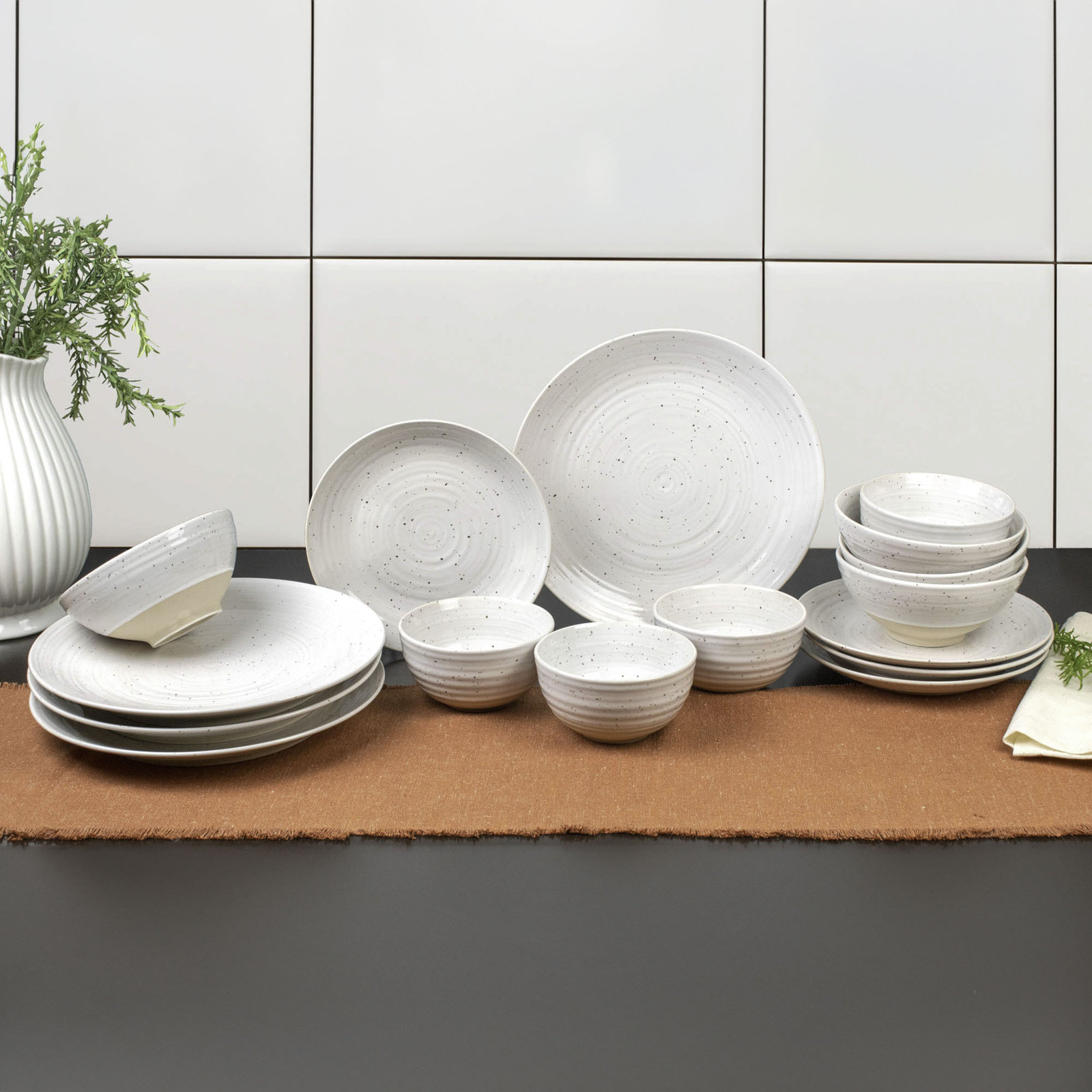 Sango Siterra 16-Piece Rustic White Stoneware Dinnerware Set - Service For 4, Plate & Bowl Set