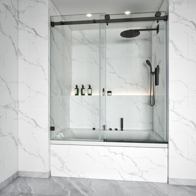 Sola 56"-61" W X 60" H Single Sliding Frameless Tub Door In Matte Black With 3/8"(10mm) SGCC Certified Clear Tempered Glass, SLS05-6060-BL