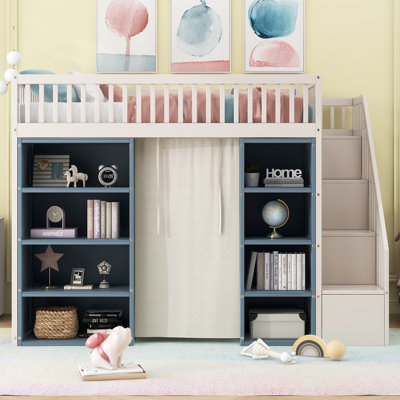 Full Size Loft Bed with Storage Staircase, 2 Four-Layer Cabinets and Privacy Curtain, White