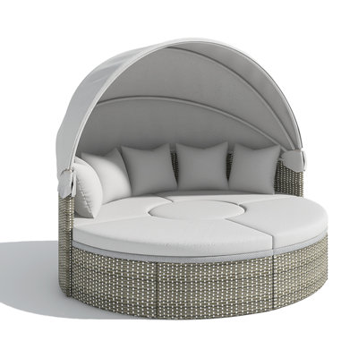 Patio Round Rattan Daybed Two-Tone Weave Sunbed With Retractable Canopy And Cushions by Bayou Breeze