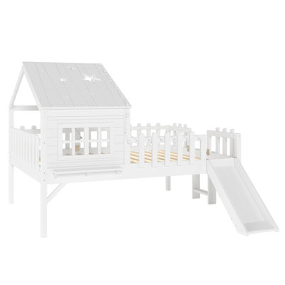 Full  Size House Loft Bed with Slide,Playhouse Bed with Star-shaped Designs and Window, Chic Design with LED Lights,No Box Spring Needed,White