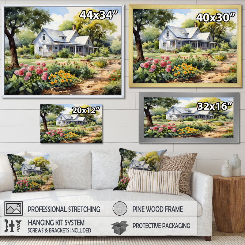 Farmhouse Frontyard Oasis I - Décoration murale de ferme, H 16 po x l 32 po x P 1 po, Cadre flottant érable
