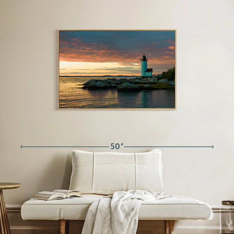 Coucher de soleil sur le phare d'Annisquam, Cadre flottant en bois naturel, 37 po x 25 po