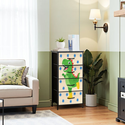 4 Drawer Dresser for Bedroom, Narrow Chest of Drawers, Wooden Top and Study Iron Frame 18"x37.5"-(WxH) - With Cute Cartoon Dinosaur Blue Stars Beige Print