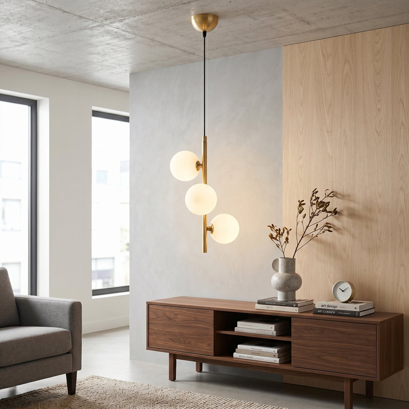 Luminaire suspendu sphérique en verre blanc et doré à hauteur réglable: