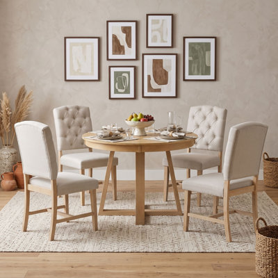 Five Piece Extendable Round Dining Table Set with Four Upholstered Chairs