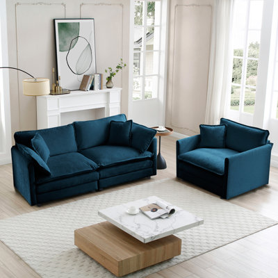 Modern Upholstered Chenille Cloud Couches Set, Loveseat Couch & Sofa Armchair Set
