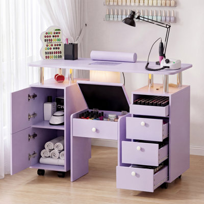 Nail Tech Desk with Storage Stool, Electric Dust Collector, Rolling Manicure Table with Lockable Wheels, Storage Drawers, Wrist Cushion, Acetone-Resistant Salon Workstation