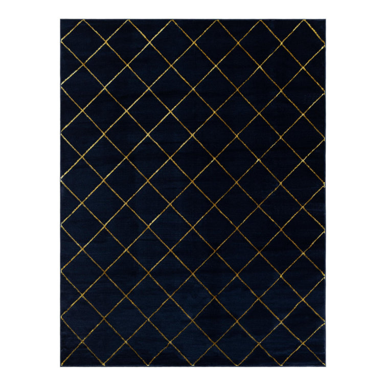Latitude Run® Checks Nikica Rug Navy Blue and Gold