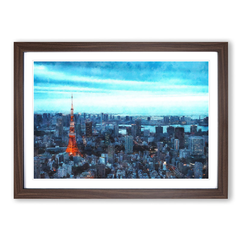 Tokyo Tower & Japan Skyline - Picture Frame Painting Print on MDF, 62cm H x 87cm W x 2cm D, Walnut Framed