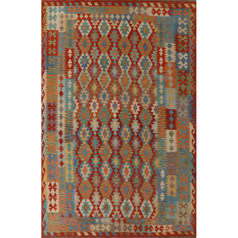 Tapis rouge / bleu / beige en laine tissé à plat à la main Ikat 8 pi 3 po x 11 pi 7 po