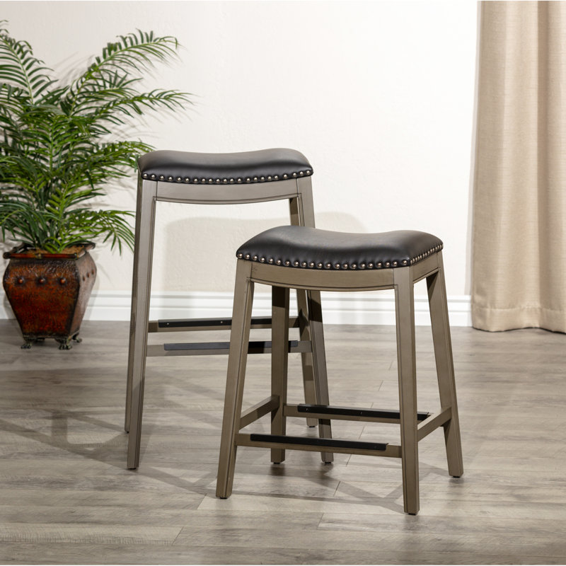 24" Counter Height Saddle Seat In Gray Finish And Black Leather - Comfortable, , Enhances Kitchen Or Bar Style Stool With Elegant, Look