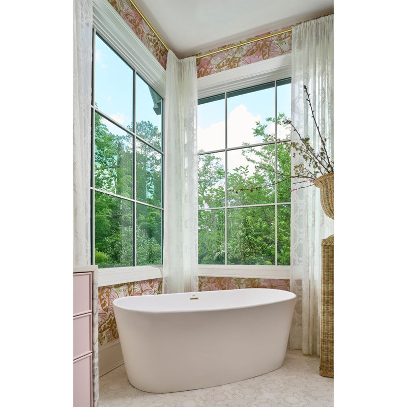 Biscayne 64'' x 31'' Freestanding Soaking Solid Surface Bathtub, Glossy White, Satin Chrome