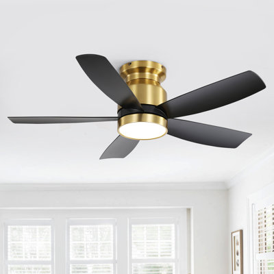Rachel 42" 5-ABS Blade Modern Rustic Classic Flush Mount Ceiling Fan With Light, Remote, DC, Gold&Black