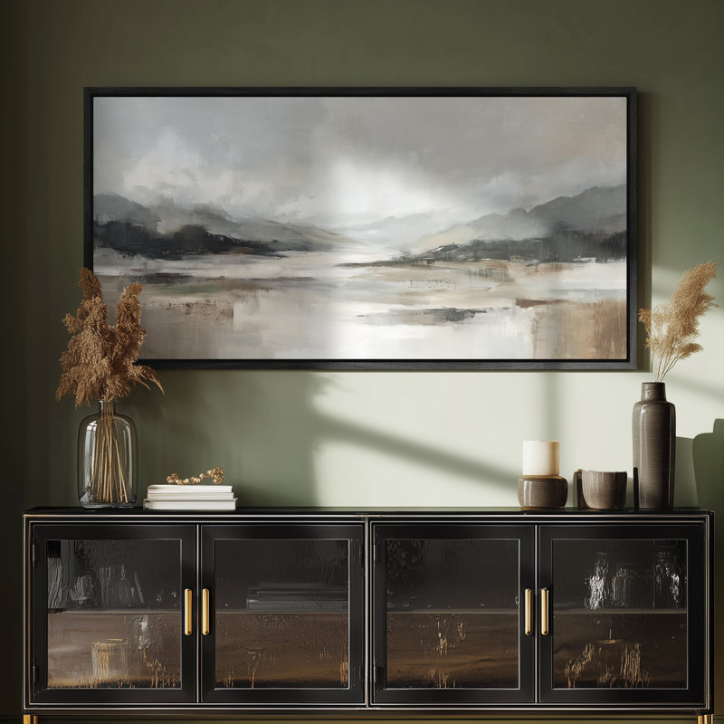 Neutre paysage abstrait de montagne et de lac pour le salon ou le bureau, impression murale, H 30 po x l 60 po, Noir