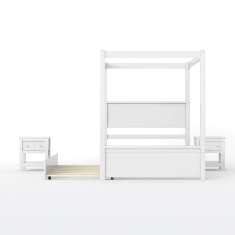 Lit double à baldaquin en bois avec lit gigogne et deux tables de chevet