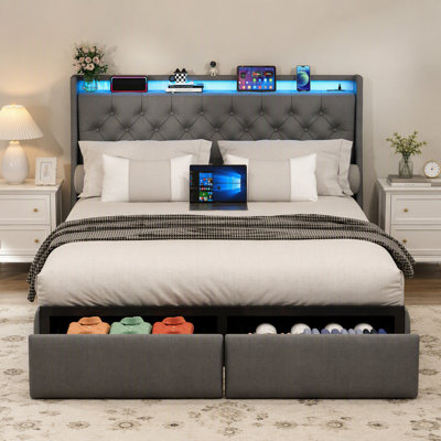Queen Metal Platform Bed Frame, Tufted Linen Headboard with 2 Foot Drawers, Remote RGB LED, USB Type-C AC Charging Station, 800LBS Noise Free Slat Support, No Box Spring Grey Bed