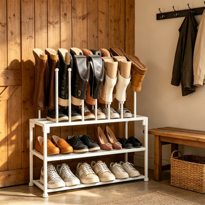 Organisateur de chaussures 2 en 1 pour placard et entrée, étagère à chaussures extensible en métal à 3 niveaux avec supports à bottes amovibles, étagère de rangement à largeur réglable pour bottes hautes, talons et baskets