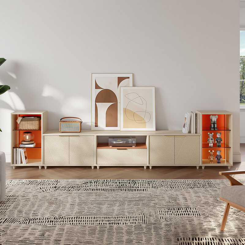 Meuble télé moderne et modulaire avec lumières à DEL et rangement, console multimédia pour le salon, Beige