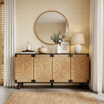 59" Boho Sideboard With Handwoven Seagrass Doors, Black Wood Buffet Cabinet With Storage For Dining & Living Room
