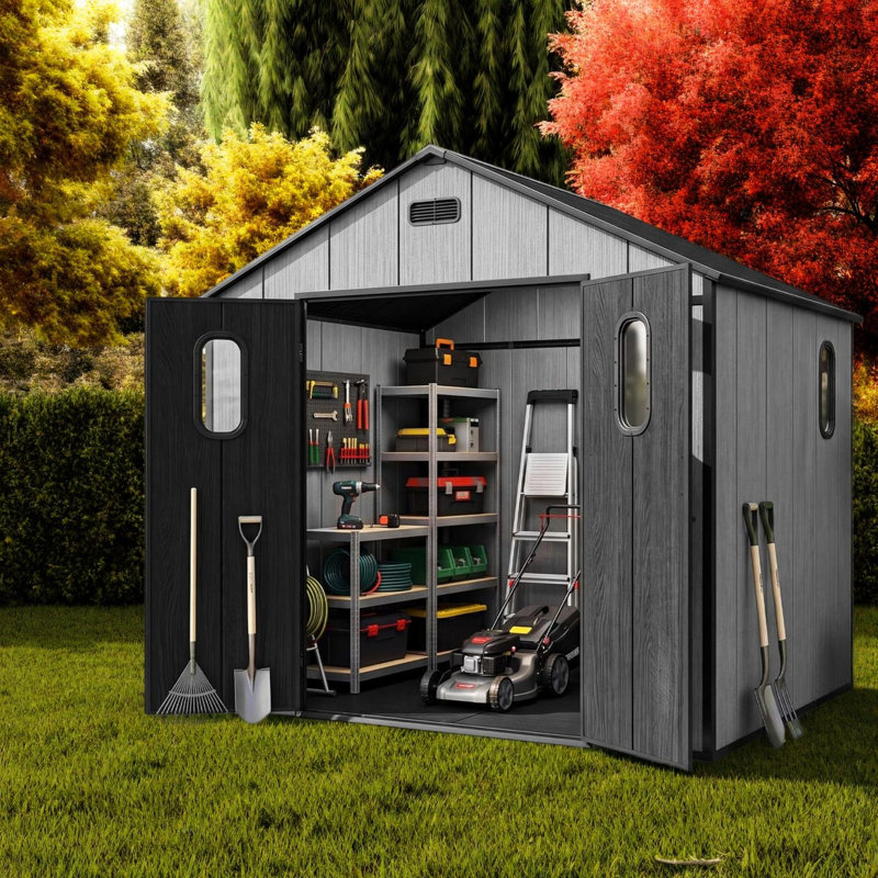 Spacious 8x6 Ft Resin Sheds with Storage, Steel Frame, Modern Backyard Shed, 95.62*70.24*92.86